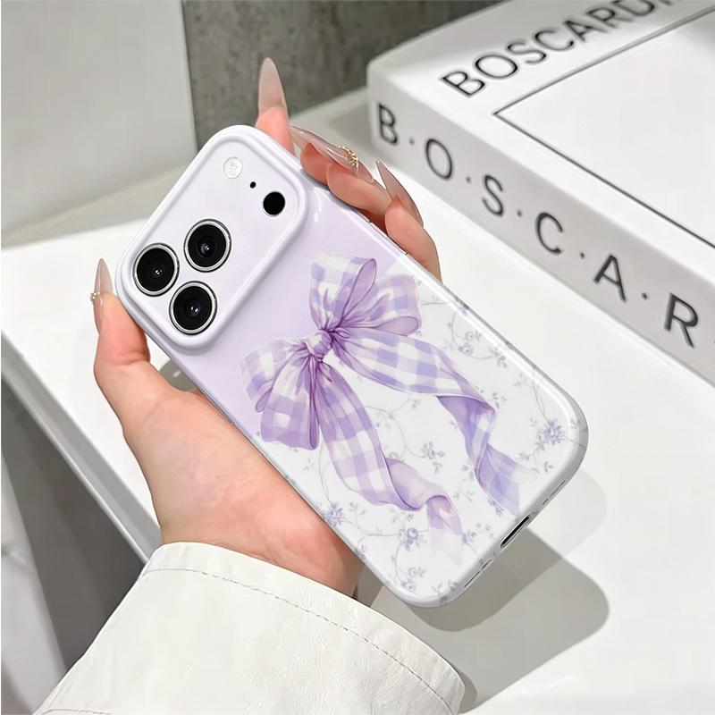 Delicate Lavender Gingham Bow Floral Toile Pattern Art Film Aesthetic Protective Shockproof Bumper Case Cover For iPhone 14 15 16 Pro Max Plus