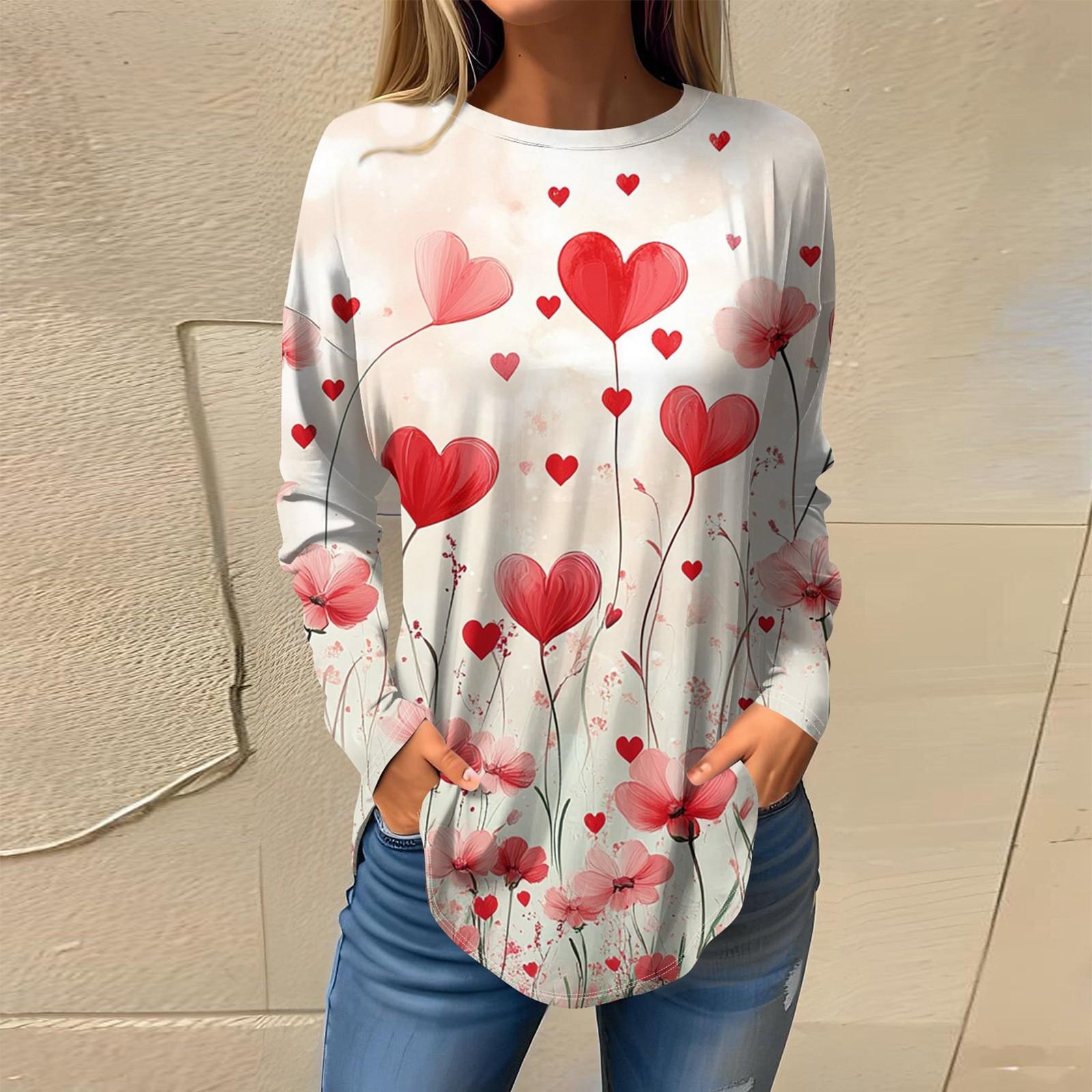 

Футболки женские осенние повседневные рубашки с длинным рукавом толстовка винтажный графический принт топ пуловер ко Дню святого Валентина XL арбуз красный