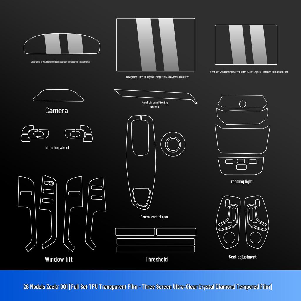 Zeekr 001 Navigation Screen Protector: Tempered Film & Interior Control Stickers for 26 Models
