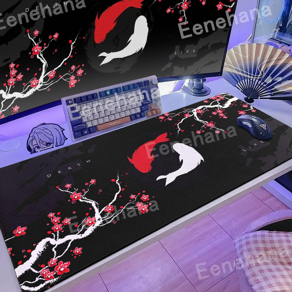 Japanese Black White PC Gaming Big Mouse Pad Yin Yang Fish Sakura Nonslip XXL Desk Keyboard Expansion Mat Office Accessories