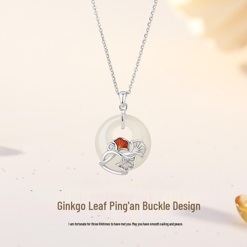 Tichiya Apricot Luck Peace Buckle Necklace for Women - S925 Silver, White Agate, Chinese Style S925 Sterling Silver