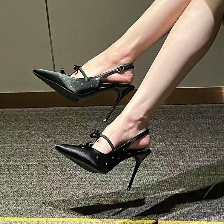 Mode Schleifenknoten Design Dünne Sexy High Heels Damenschuhe Strass Satin Spitzpumps Partyschuh Mode Slingbacks Sandalen