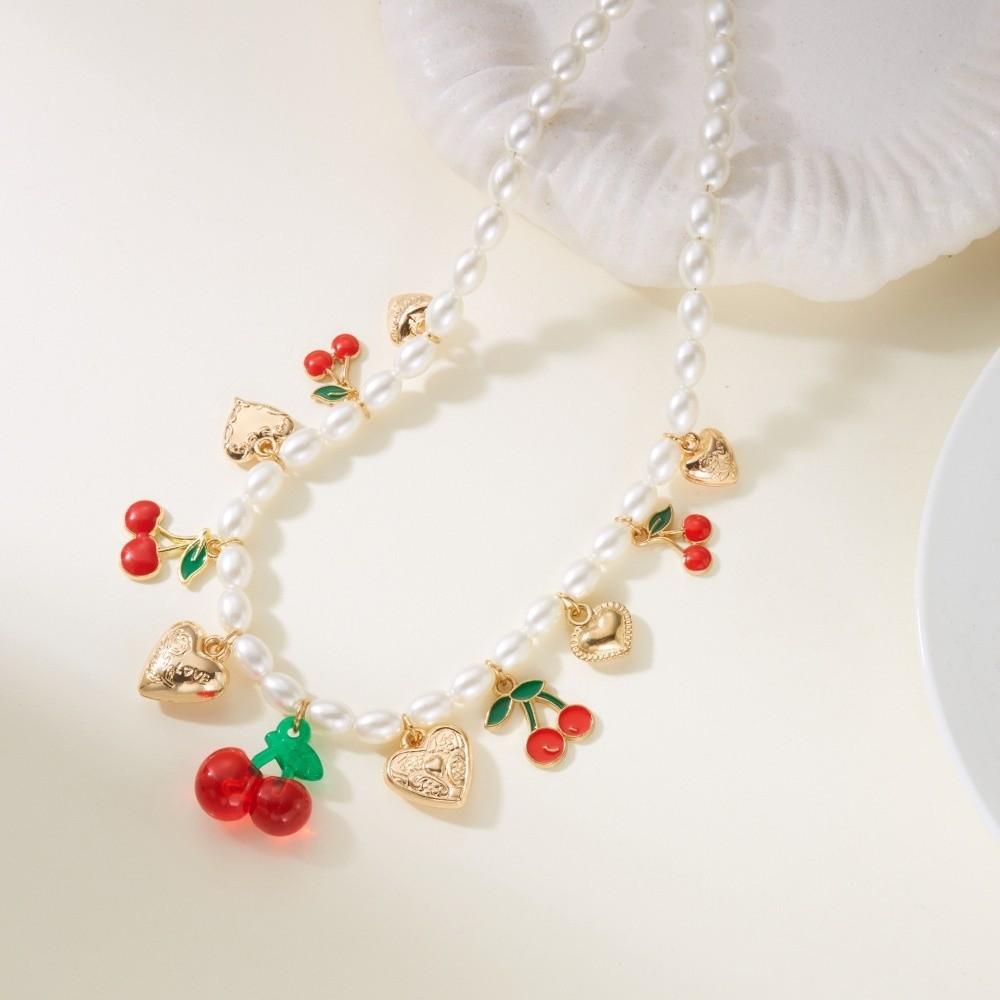 Collier Élégant avec Breloque Cœur Collier Ras-du-cou Doux Perle Nouveau Collier Cerise Fruit Bijoux Femme