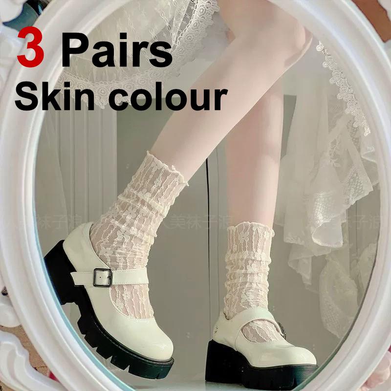 3 Pairs Women Floral Patterned Lace Round Neck Socks Fashionable Paired Summer Sweet Style Comfortable Breathable Casual Socks
