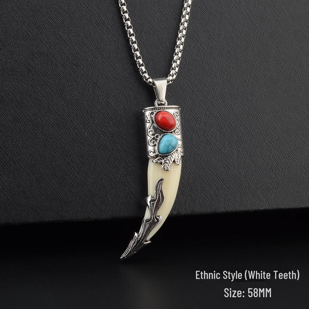 Men's Tibetan Faux Wolf Tooth Pendant Necklace, Titanium Steel Chain, Nepalese Style