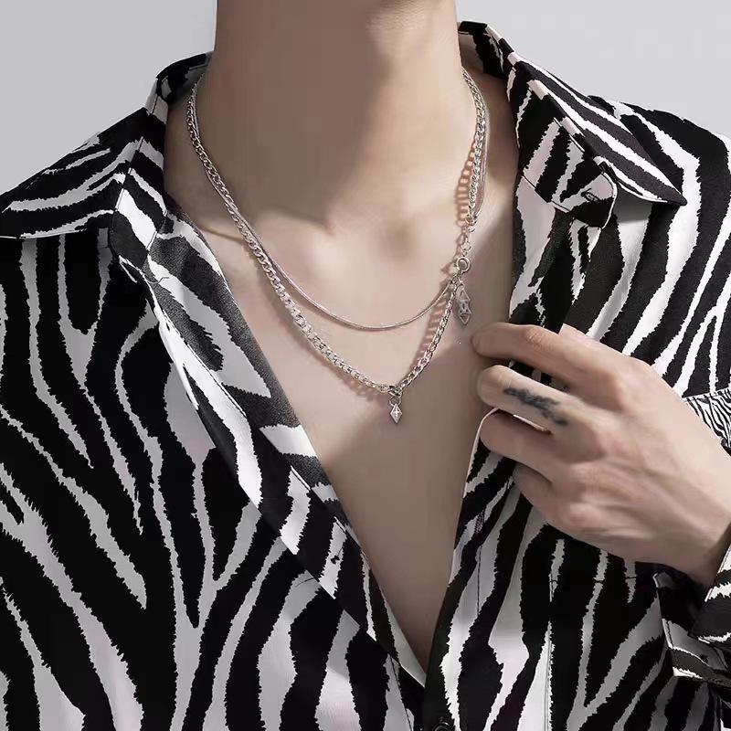 Rhombus-shaped pendant necklace, long style, round beads, simple stainless steel, couple's collar chain