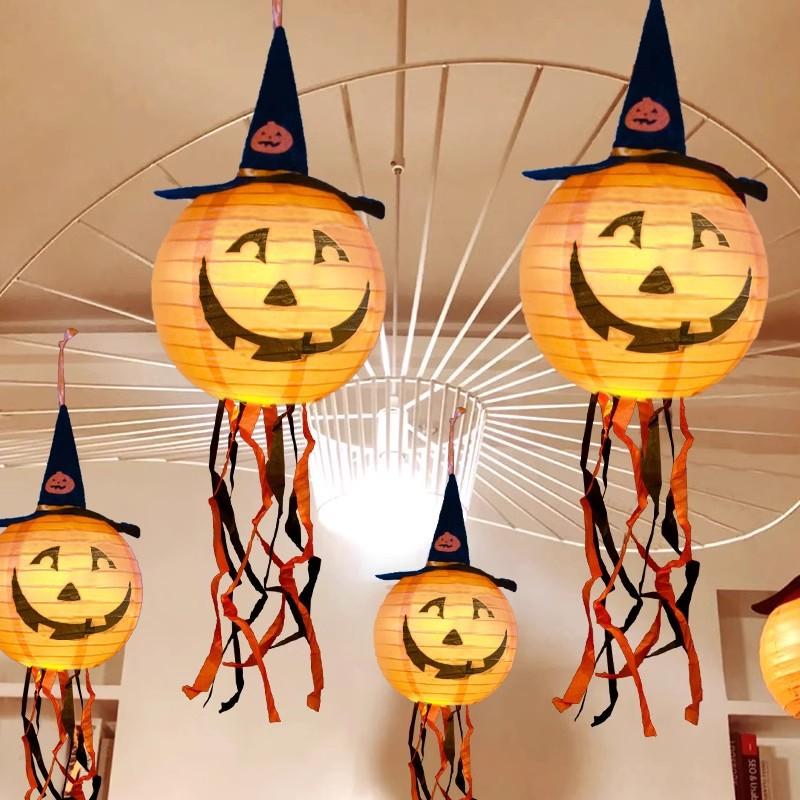 3pcs Halloween Pumpkin Lantern Decorations: Light-Up Paper Lantern Hangings for Outdoor, Kindergarten & Hotel Scene Setup