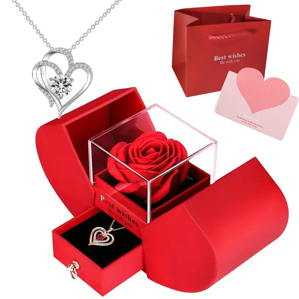 1Set Charming Love Heart Pendant Necklace with Rose Gift Box - Perfect for Valentine's Day, Birthdays, Mother's Day Party Favors