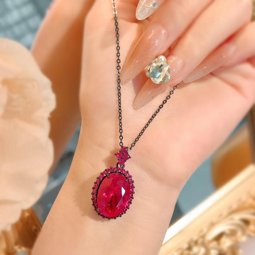 Imitation Red Corundum Necklace Stud Earrings Set, Dark Black Gold Opening Adjustable Ring For Women