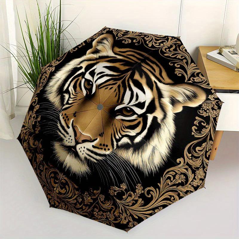 

Golden Tiger Portrait Decorative Plate Umbrella, Cute Umbrella with Cute Design, Portable 3-Fold Compact Umbrella for Men & Women, Valentine s Day Mot