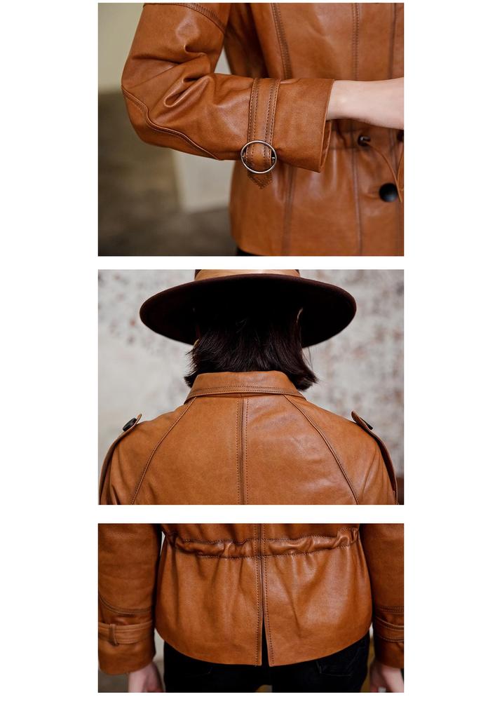 Women's Genuine Leather Waist-Cinching Motorcycle Jacket - Spring/Autumn 2026 European American Style