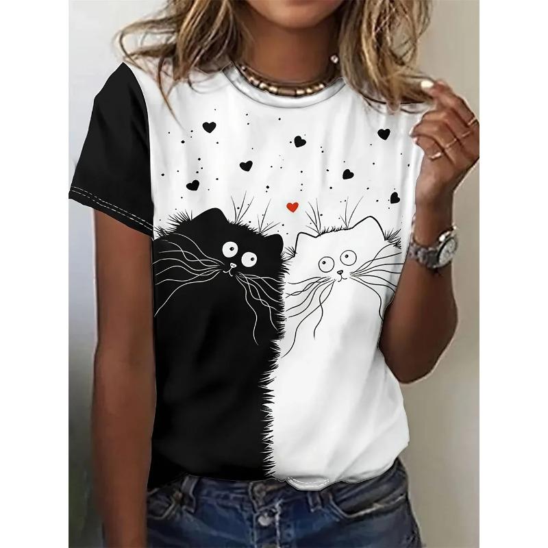 Summer Round Neck 3D Cat Print Top Fashionable Casual Short Sleeved Women's T-shirts