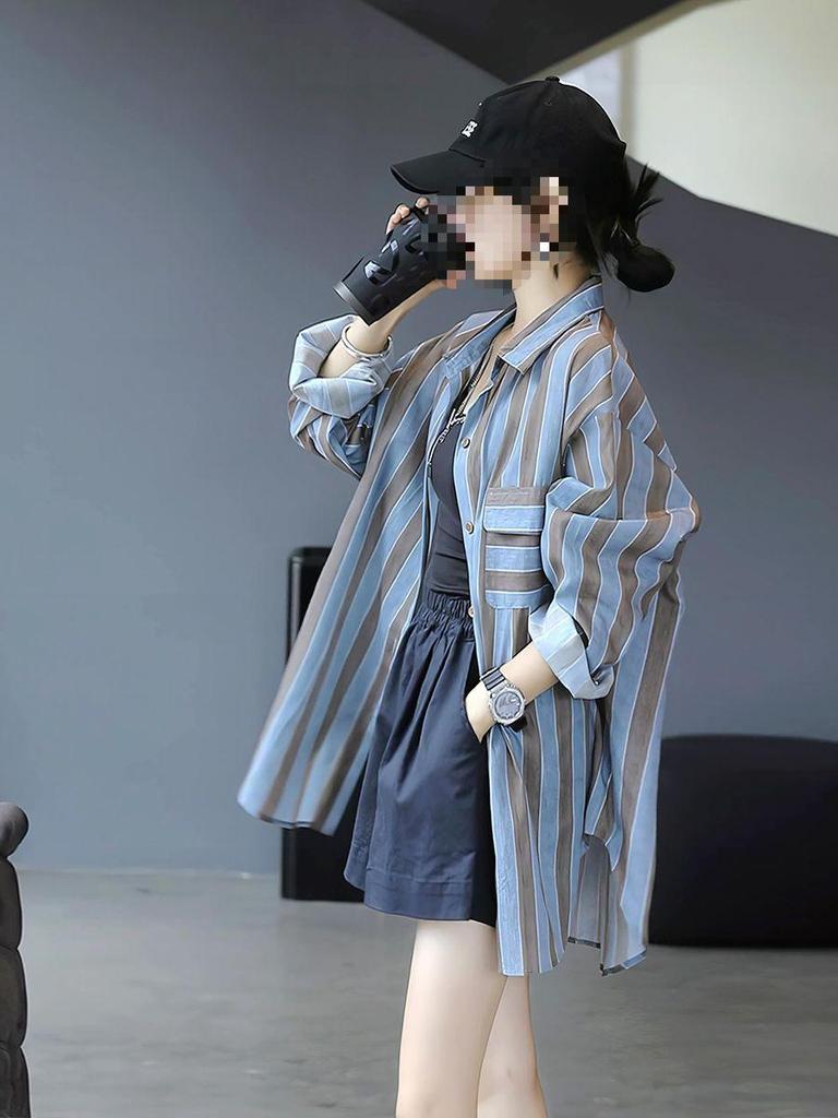 Women's Striped Long-Sleeve Shirt - Spring/Autumn Style, Sun Protection, Fresh & Loose Top