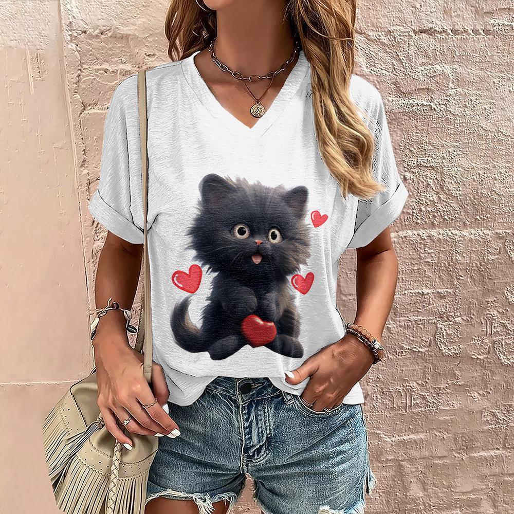 Summer Women's T Shirt Cat Print Casual Short Sleeve 3D T-Shirts Fashion Street Wear V-Neck Pullover Female Oversized Clothing