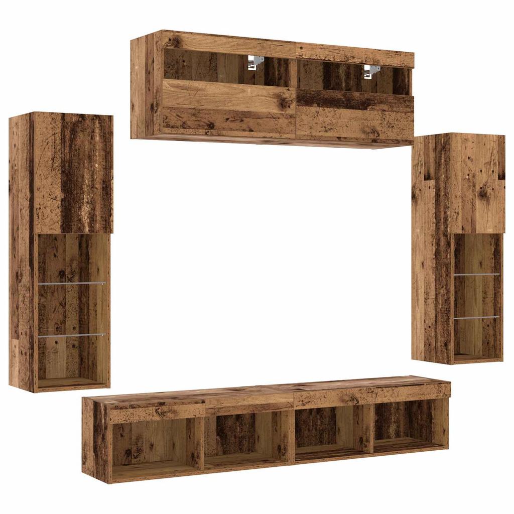 TV Cabinet Set with LED Light Strips 6 pcs Reclaimed Wood Effect Particleboard