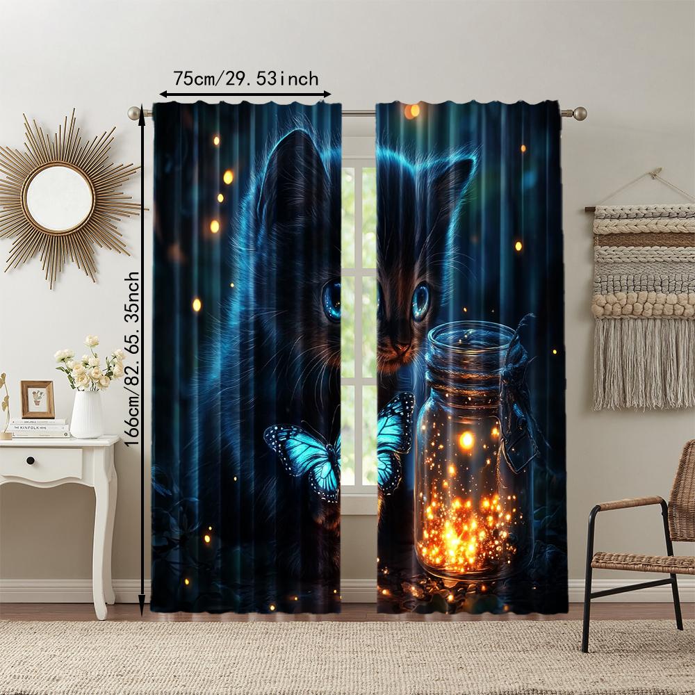 2 Pcs   Versatile Polyester Transparent Curtains for Home Decoration Blue Butterfly & Cat for Use In Bedrooms and Living Rooms