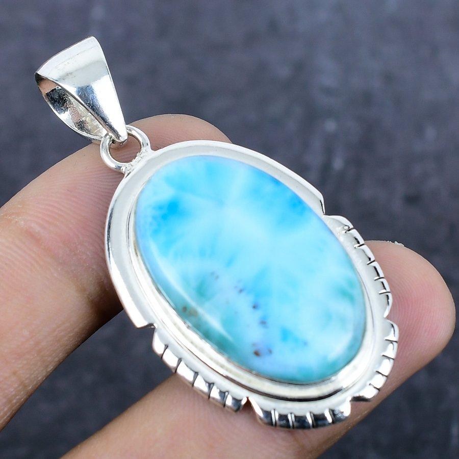 Natural Larimar Gemstone Handmade 925 Sterling Silver Jewelry Pendant 2.05" p4z63