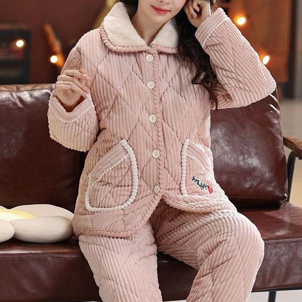 Süße warme wattierte Baumwolle kann draußen getragen werden dreilagiger Pyjama Damen Winter Loungewear verdickt saisonal große Größe