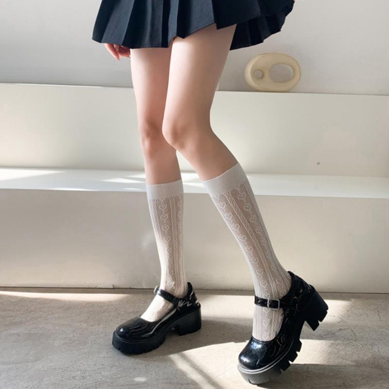 Japanese Lolita Lace Knee High Socks Womens Sweet Love Heart Striped Jacquard Patterned Stockings Hollow Out Sheer Mesh Kawaii