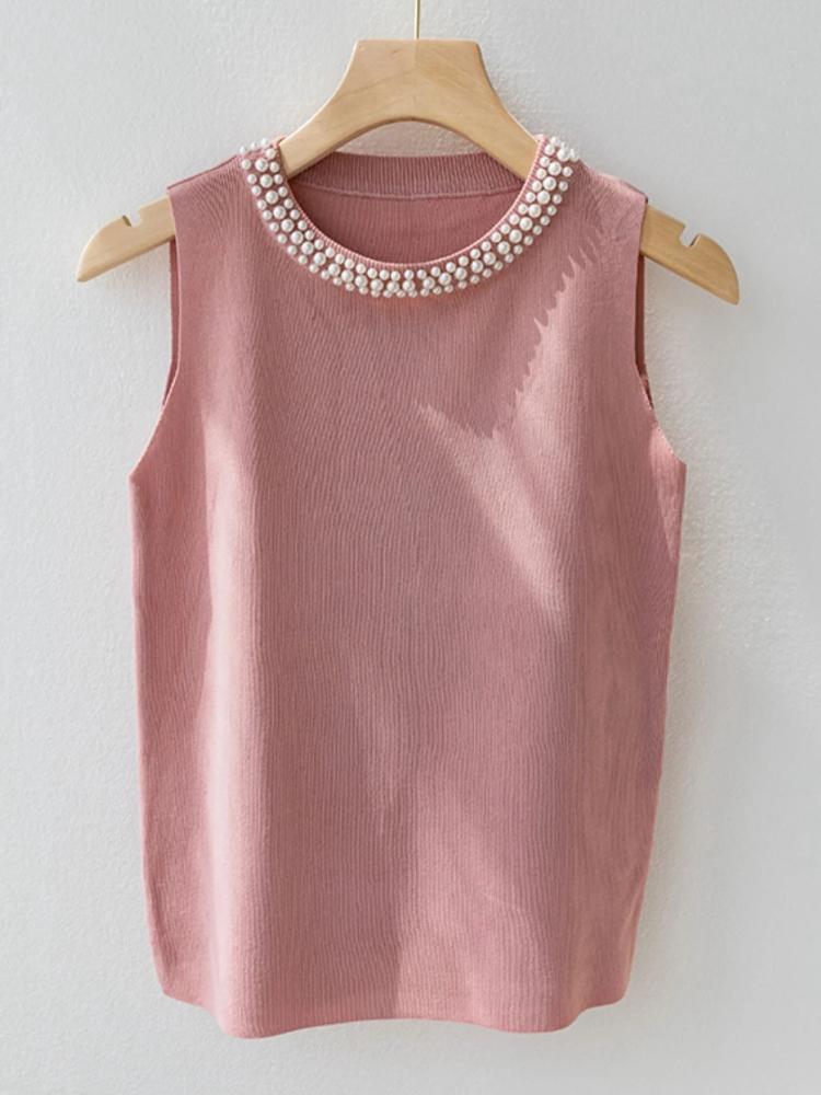Korea Knitted Vests Women Top Solid Tank Blusas Mujer De Moda Summer New Fashion Female Sleeveless Beading Casual Thin Tops