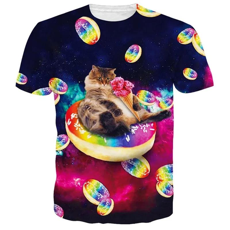 3D Gedrucktes Lustiges Katzen T-Shirt Für Männer Galaxie Essen Grafik Kurzarm T-Shirts Sommer Lässige Oberteile Rundhals Damen T-Shirts 5XL beige