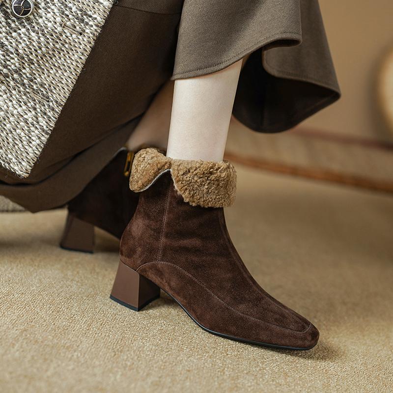 2024 New Winter Wool Warm Women Ankle Boots Genuine Leather Side Zipper Shoes Woman Square Toe Office Lady Working Short Boots