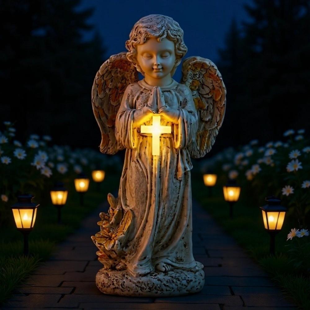 Solar Powered Resin Praying Angel Figurine Praying Pose Memorial Angel Porch Decoration