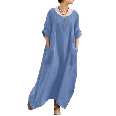 Women's Solid Color Long Sleeve Round Neck Pocket Casual Retro Loose Cotton and Linen Dress