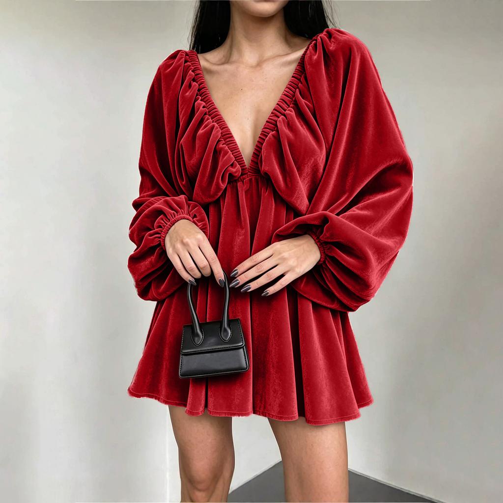 Women's V-Neck Long Sleeve Sleeve Loose Fit Dress Color