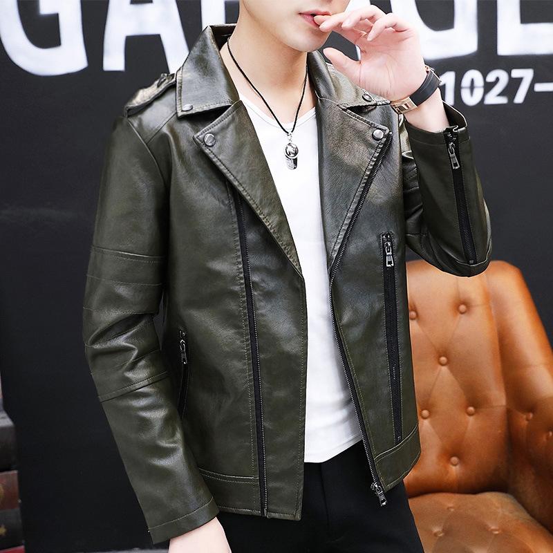 Leather jacket men's autumn new trend handsome suit collar men's top PU leather motorcycle suit men's casual jacket