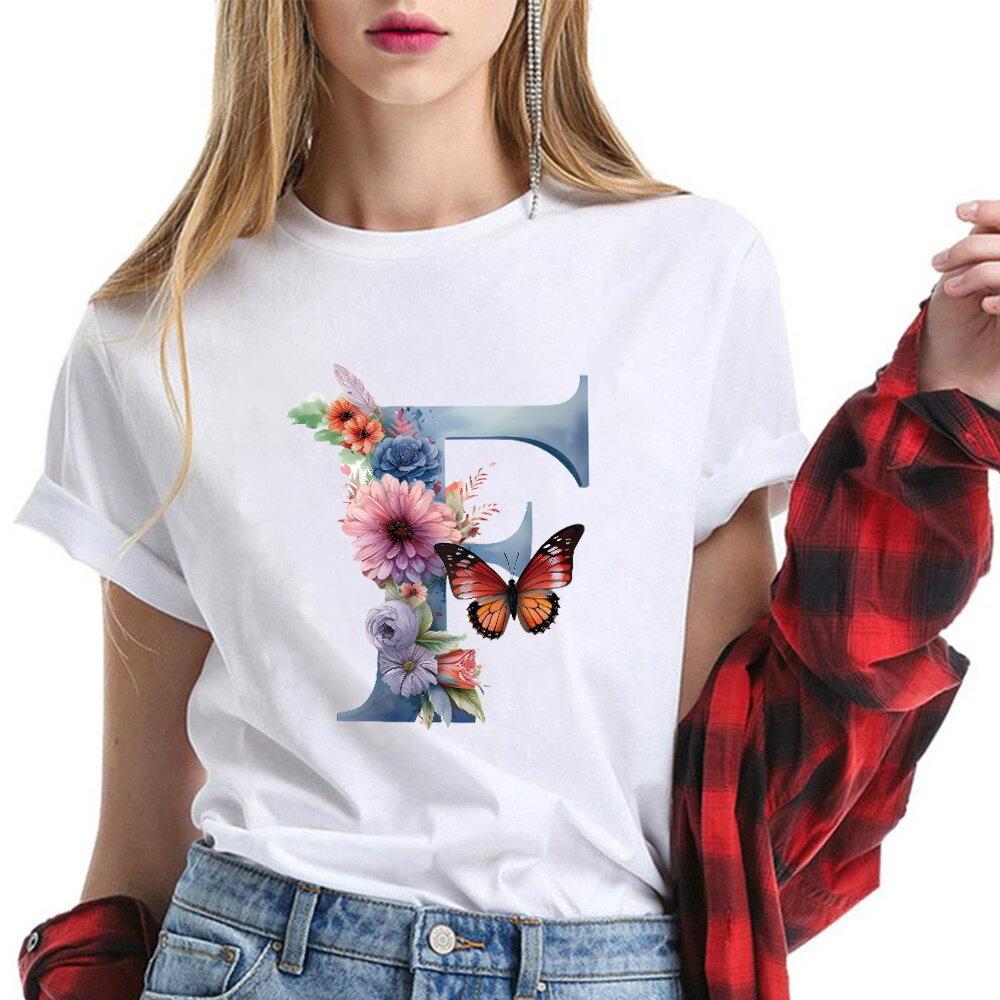 New T-Shirt Butterfly Letter Collection Women's Plus Size  T-Shirt Top Short Sleeve Gift Couple Tee