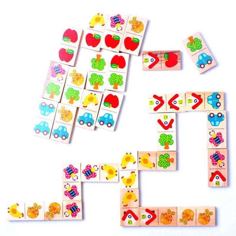 28pcs Wooden Domino Fruit Animal Puzzle Cognitive Building Blocks Stacked Toys Montessori Children Learn Educational Toy Gift