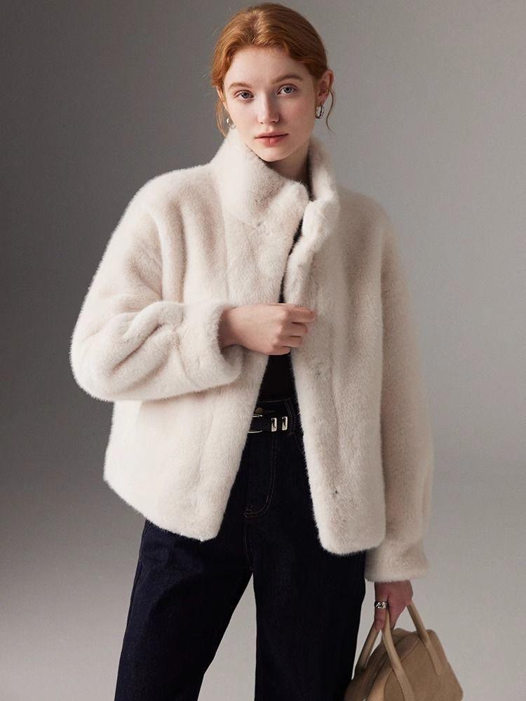 Imitation mink velvet fur jacket women's stand-up collar short, small, light in autumn and winter, thickened and warm, simple
