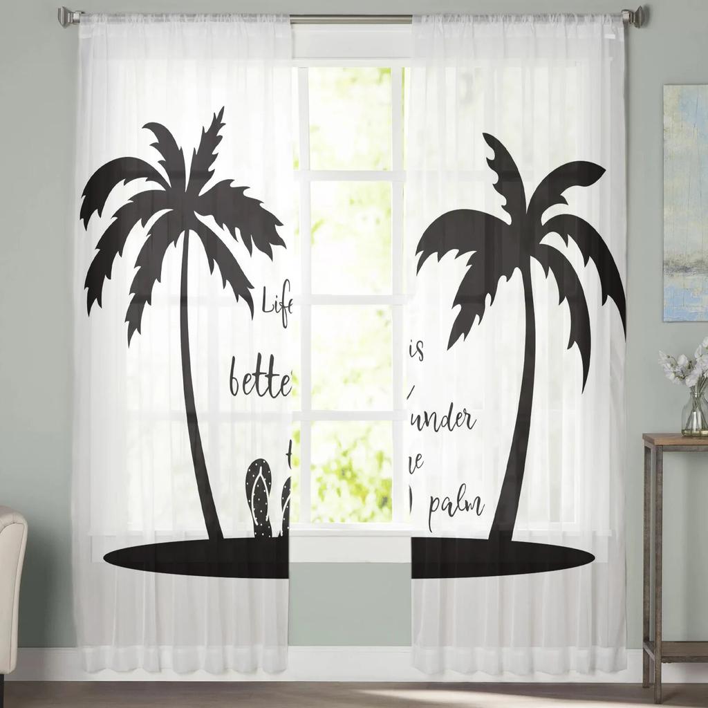 Summer Palm Tree Slippers Tulle Curtains Balcony Room Fashion Printed Sheer Curtain Living Room Window Modern Decor