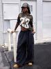 Summer Street Hip-Hop Style Sporty V-Neck Short-Sleeved Leopard Print Lettering Pattern Loose Quick-Drying Women's T-Shirt