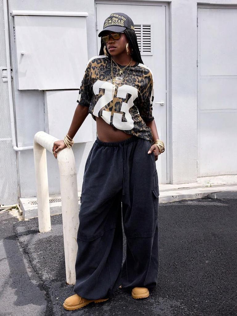 Summer Street Hip-Hop Style Sporty V-Neck Short-Sleeved Leopard Print Lettering Pattern Loose Quick-Drying Women's T-Shirt