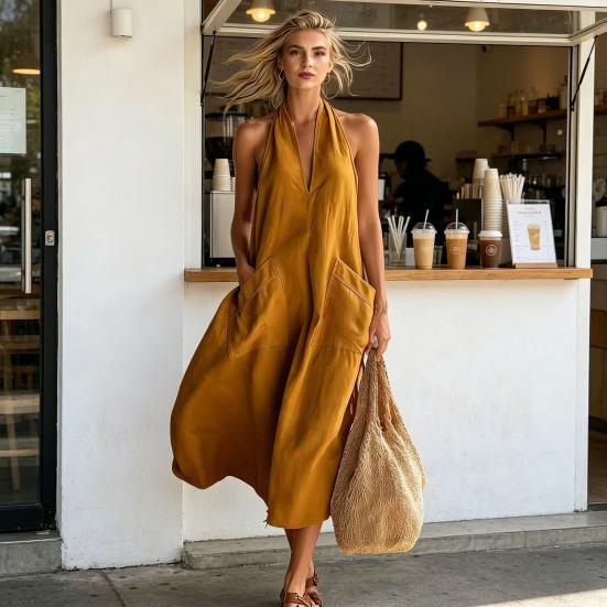 Summer Dress for Women Casual Deep V Neck Halter Sleeveless Long Dress Beach Vacation Flowy A-line Dress with Pockets