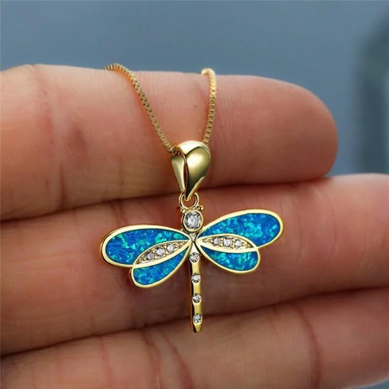 Fashion Gold Color Blue Simulated Opal Dragonfly Pendant Necklace For Women Inlay Crystal Necklace Wedding Jewelry Gift for Her