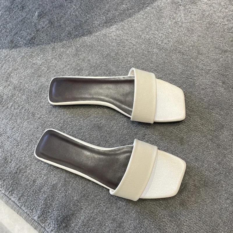 Ladies New Black White Flat Slippers Women Genuine Leather Peep Toe One Strap Mules Shoes Woman Summer Slides Comfort Clogs