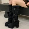 Fashion Eilyken Vintage Platform Buckle Strap Women Knee High Boots Fashion Chunky Square Heels Zipper Ladies Shoes Zapatos De Mujer