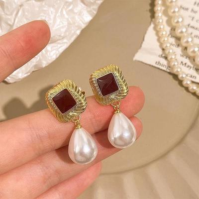 Sweet Red Square Waterdrop Imitation Pearl Pearl Earrings for Women Temperament Sweet Korean Design Jewelry