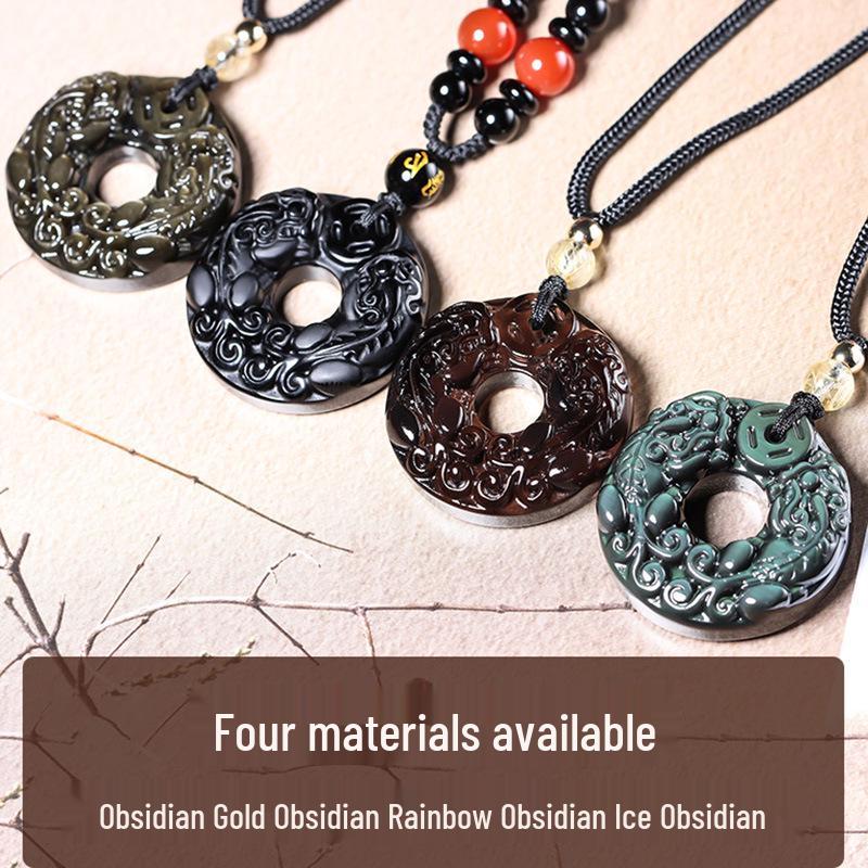 Natural Obsidian Double Pixiu Safety Buckle Pendant - Golden Obsidian Crystal Charm