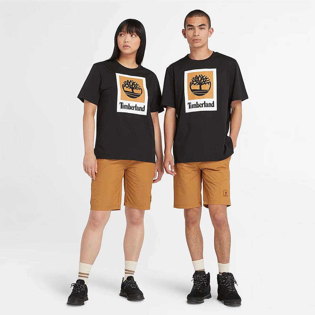 Timberland Letter Logo Geometric Pattern Printed Round Neck Short Sleeve T-Shirt Unisex Tops Black A5QS2-001