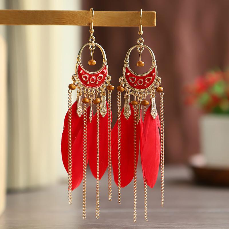 

Bohemian Feather Long Drop Earrings For Women Vintage Handmade Wooden Bead Chain Tassel Earrings Vacation Beach Fashion Zircon красный