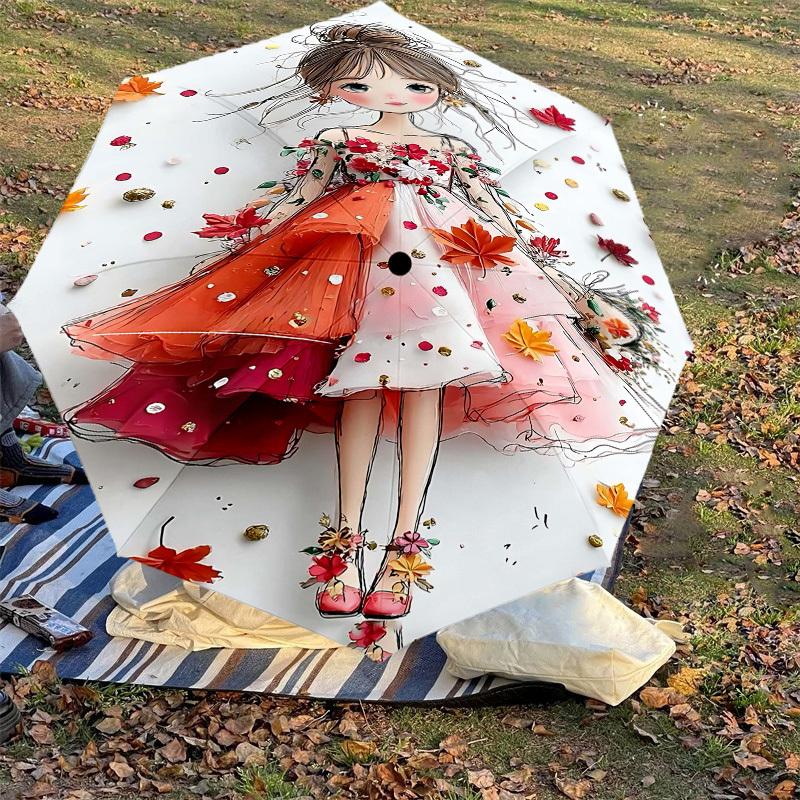 1pc Autumn Leaves Automatic Open/Close Umbrella Compact Folding Umbrella with 8-Rib Shaft for Women/Men, Elegant Birthday1226S