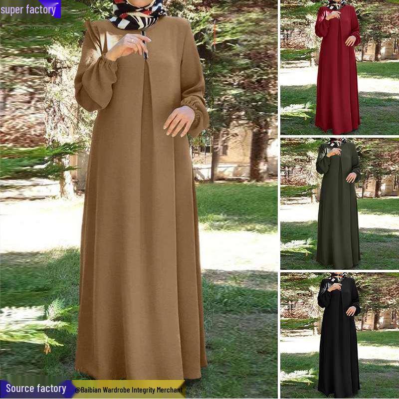 

Charming Plus Size Muslim Autumn Skirt Dress: Loose, Long-Sleeved Round Neck L чорний