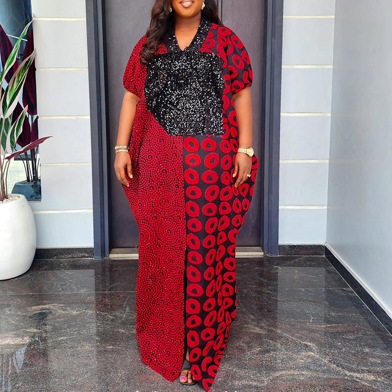 Oversized Women V Neck Half Sleeve Geometric Print Stitching Casual Loose Maxi Dress