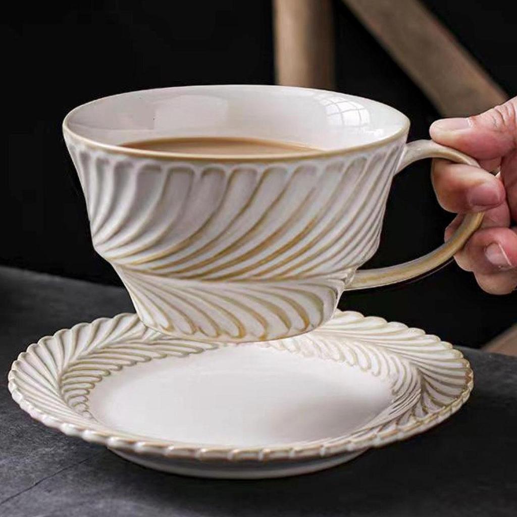 Used Ceramic Coffee Cup & Saucer Set - Styling Latte, American Cup, French Wheat Iron Plate