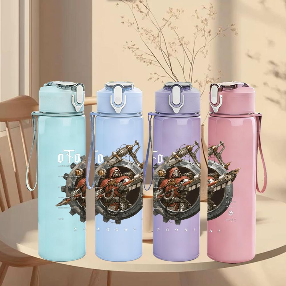 1PC Dark armored fantasy creature print 750ml colorful plastic sports water bottle leakproof pop up lid with straw for outdoor work home use