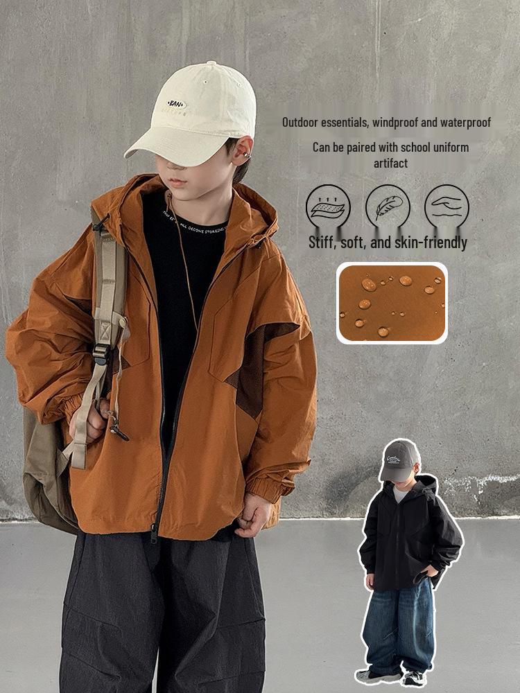 2025 Autumn Kids' Korean-Style Hooded Windbreaker for Boys – Sporty Zipper Outerwear